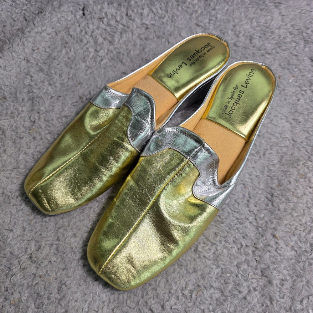 Jacques Levine Slippers Gold Silver Metallic Wedge Mules Womens 9 NEW‎